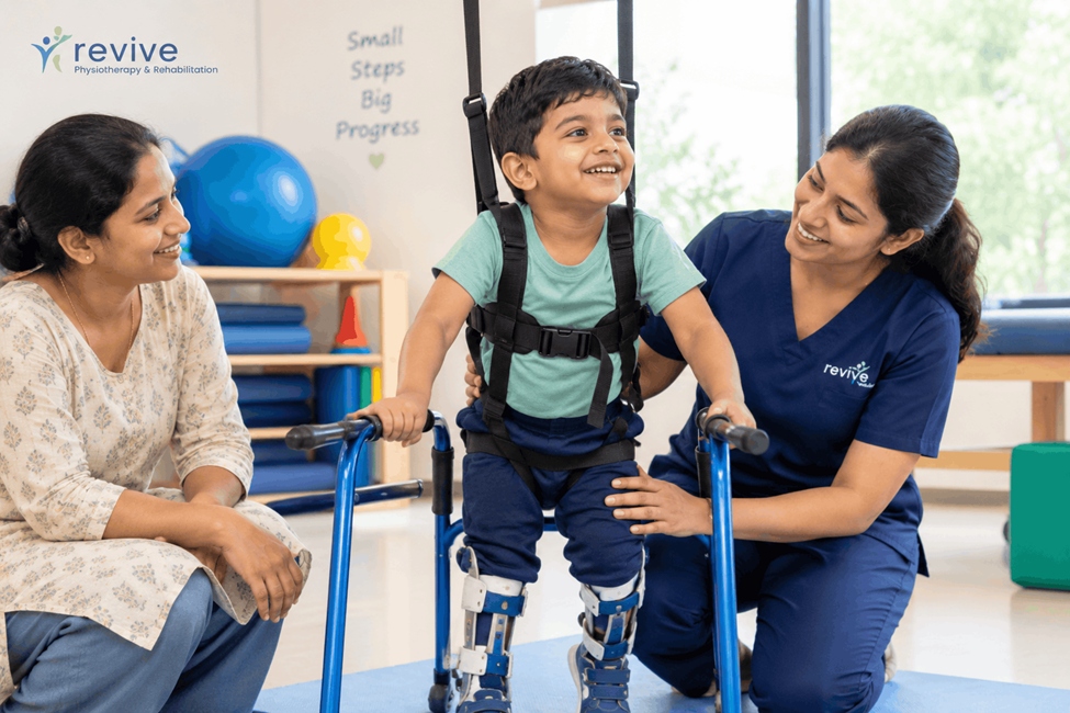 Child walking with gait support harness and walker with physiotherapist and parent at Revive Clinic
